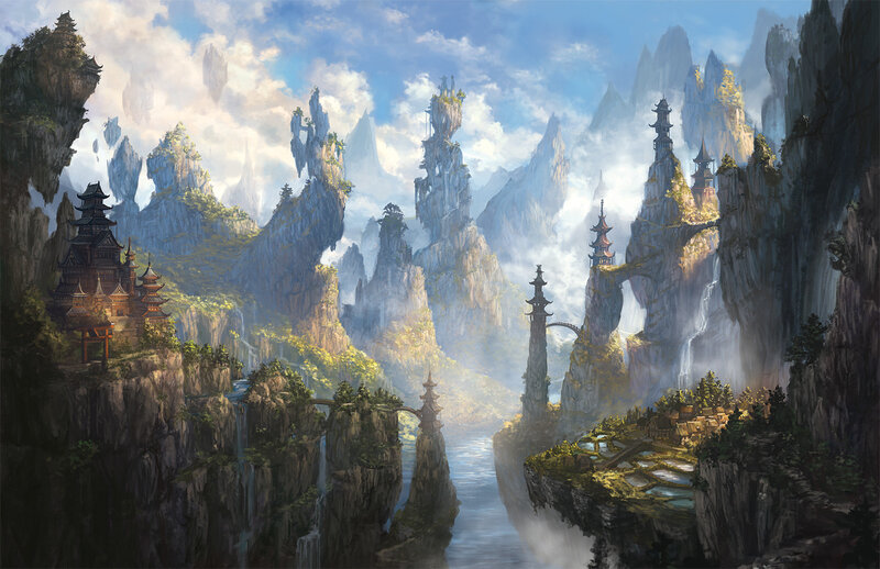 Floating Mountain Village — Blue, Serene