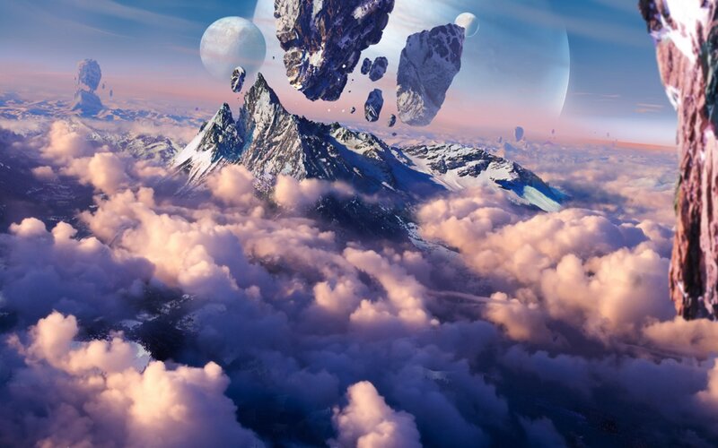 floating mountains and planets