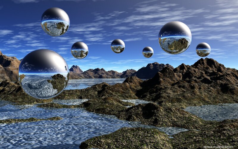 Floating reflective spheres over alien landscape
