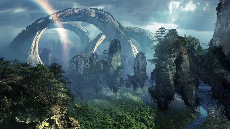 Floating Rock Arches — Green, Dramatic, Afternoon, Digital Art, Rainbow