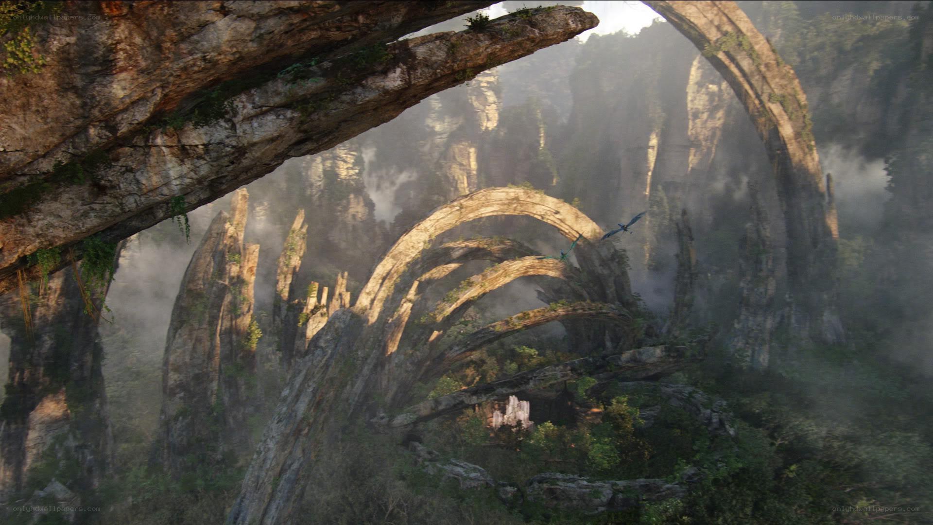 Floating rock arches in mist