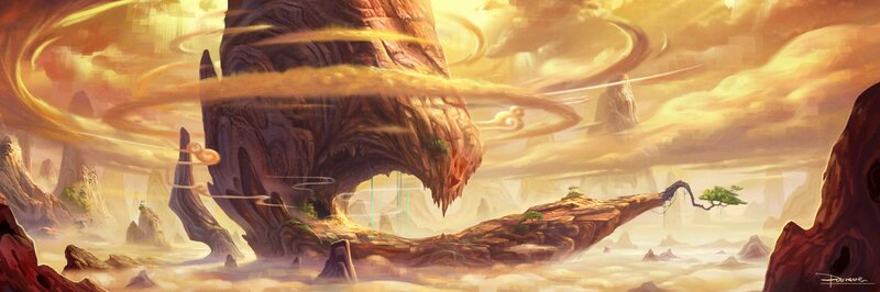 floating rock formation in golden sky