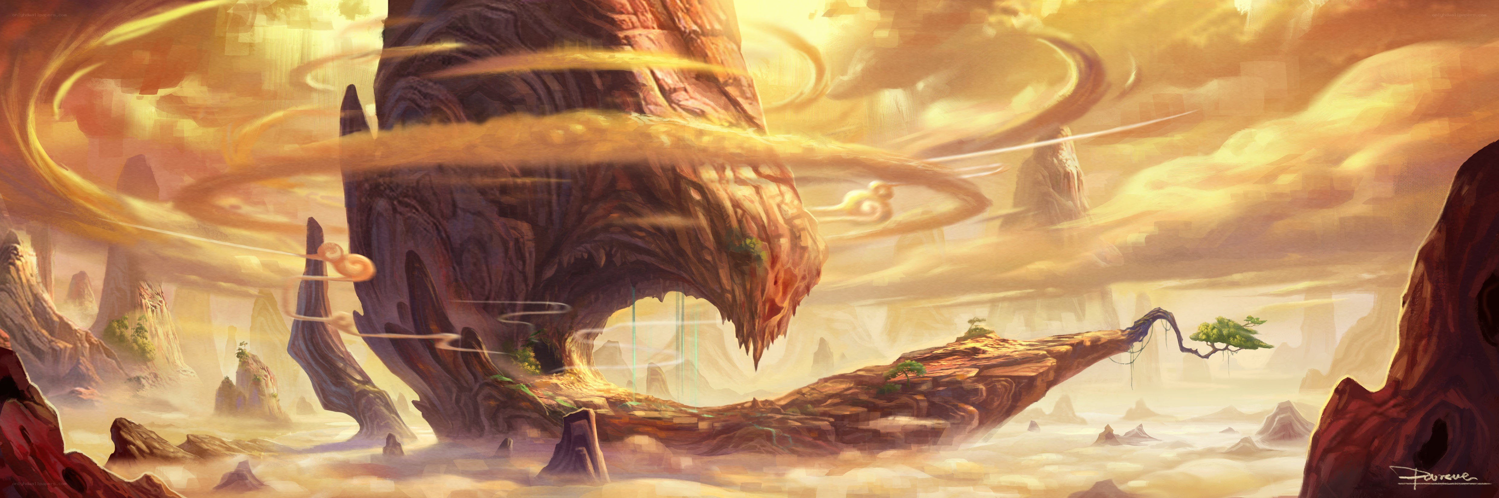 floating rock formation in golden sky