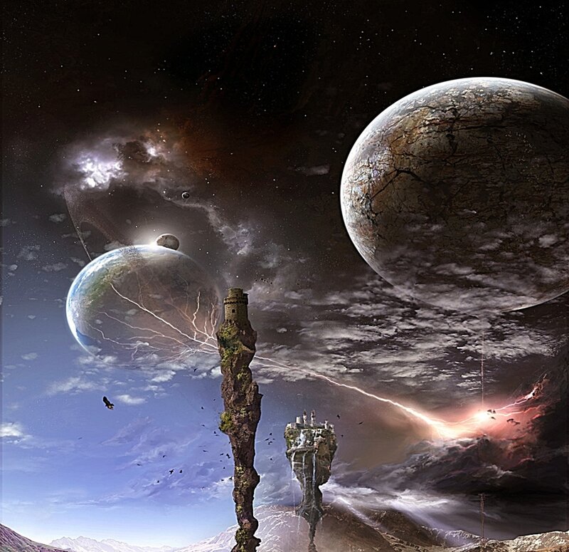 Floating Rock Formations — Blue, Dramatic, Digital Art