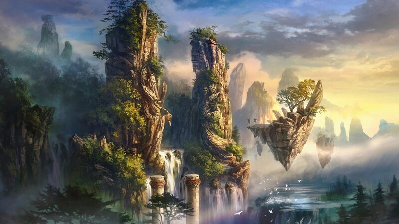 Floating Rock Formations — Blue, Serene, Sunrise, Digital Art