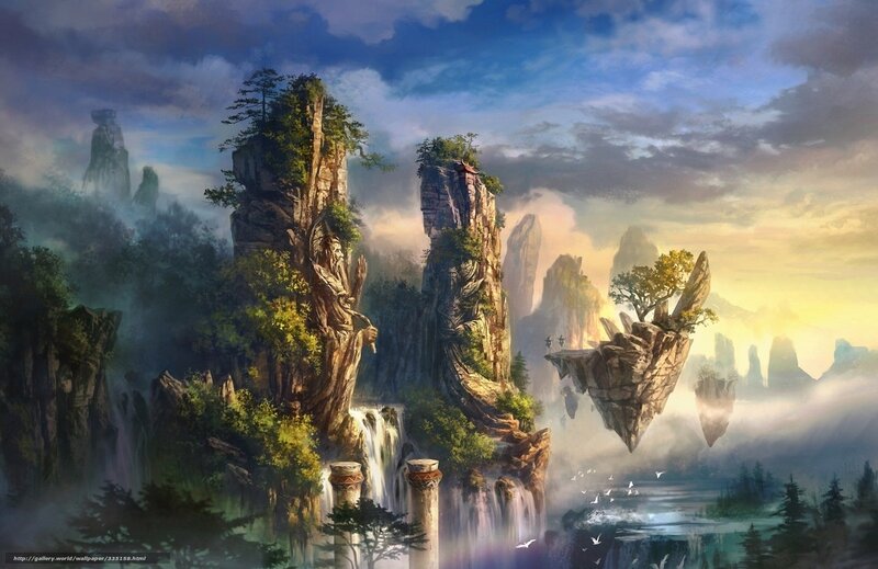 Floating Rock Formations — Blue, Serene, Sunrise, Digital Art, Trees