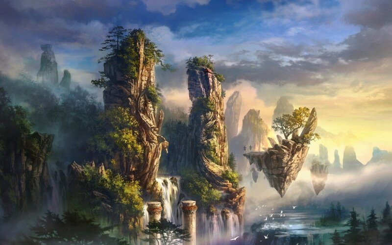 Floating Rock Formations — Blue, Serene, Sunrise