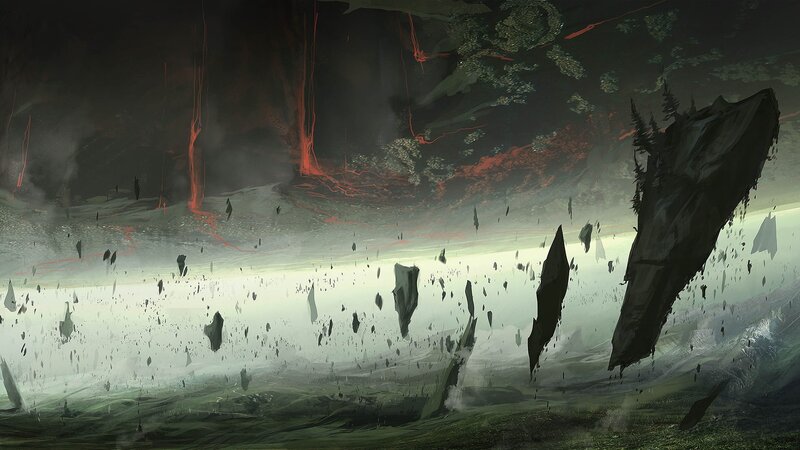 Floating Rock Formations — Green, Dramatic, Digital Art, Lava