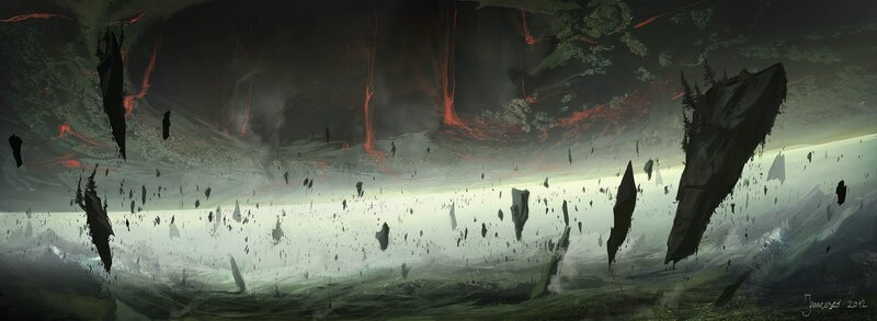 Floating Rock Formations — Green, Dramatic, Digital Art