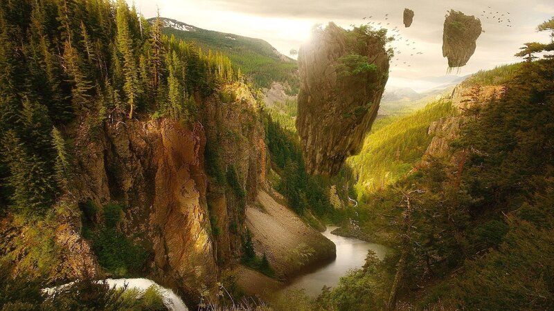 floating rock formations in forest valley