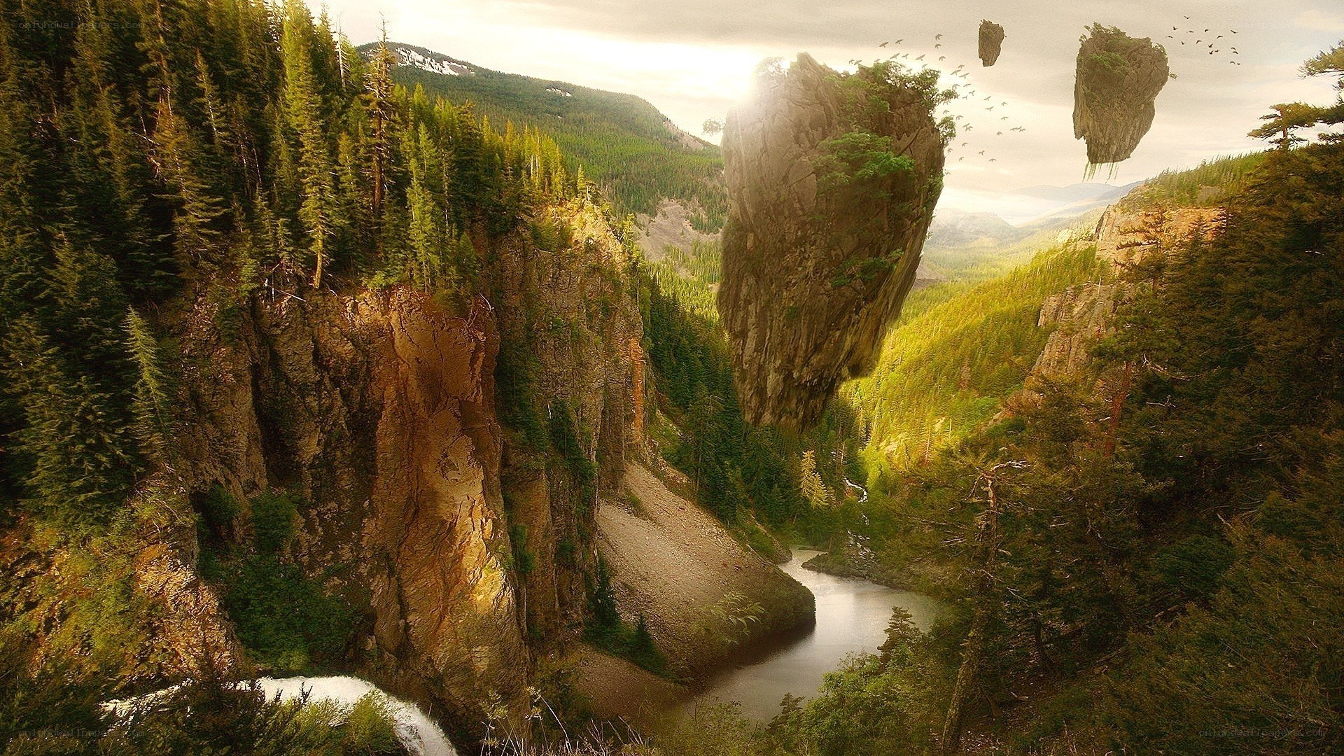 floating rock formations in forest valley
