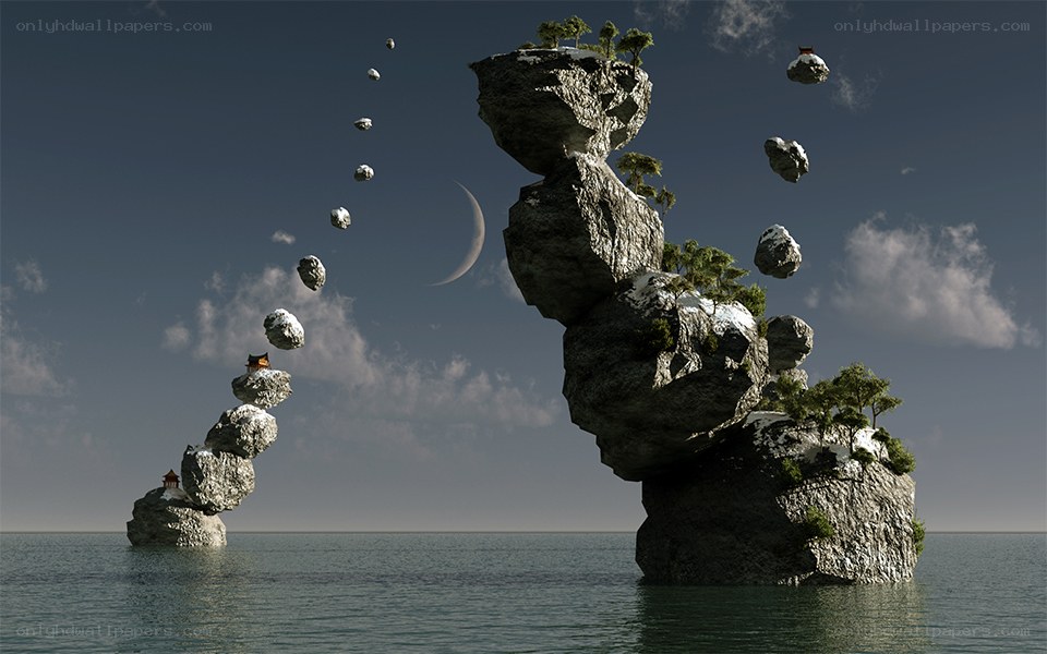 Floating rock formations in sea