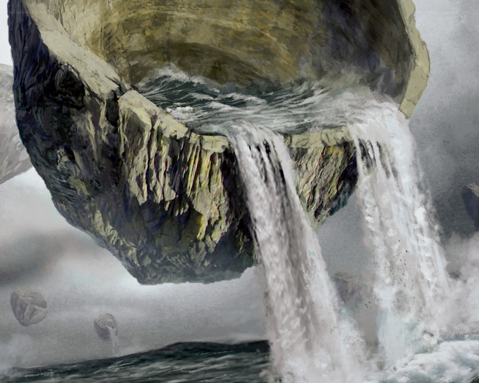 Floating rock with waterfall