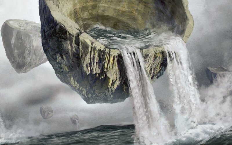 Floating Rock with Waterfall — Gray