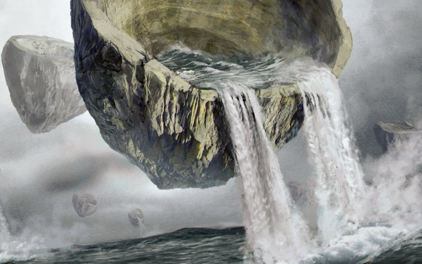 Floating rock with waterfall