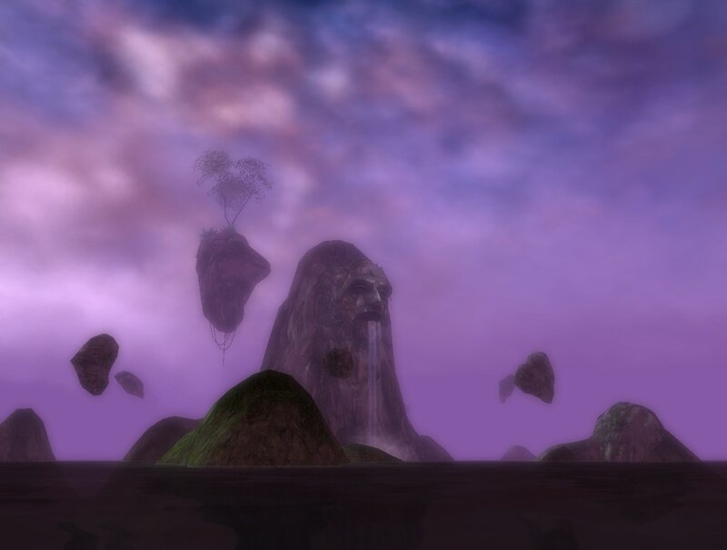 floating rocks and stone face