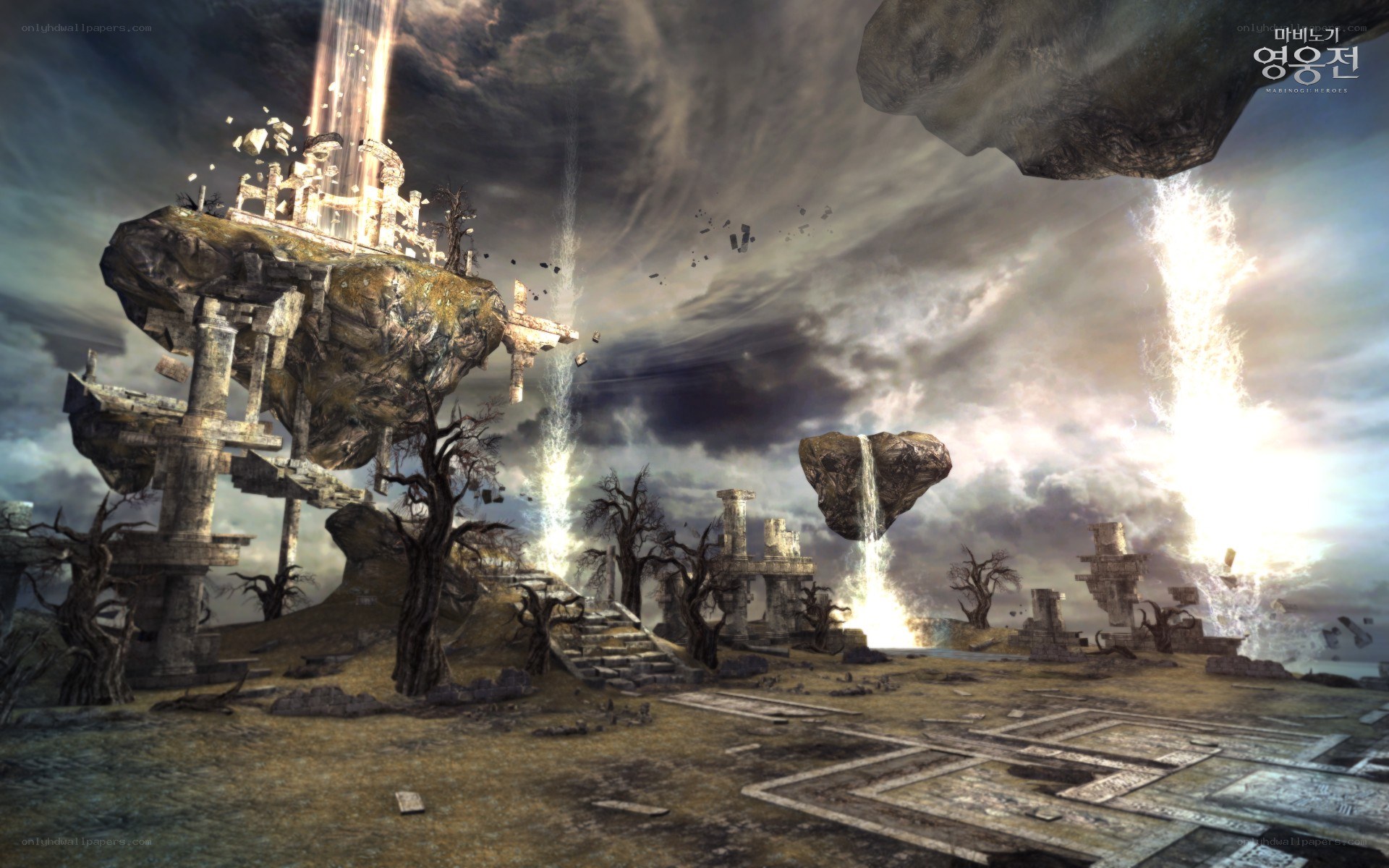 floating ruins in a storm
