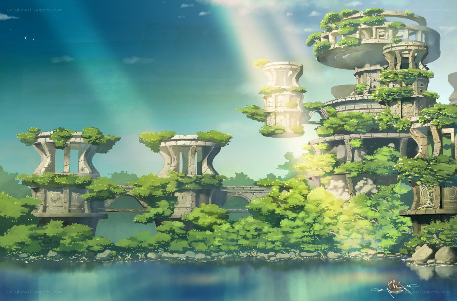floating ruins over a lake