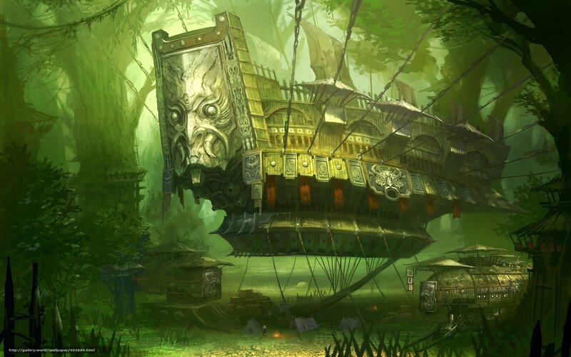 Floating ship in a lush forest