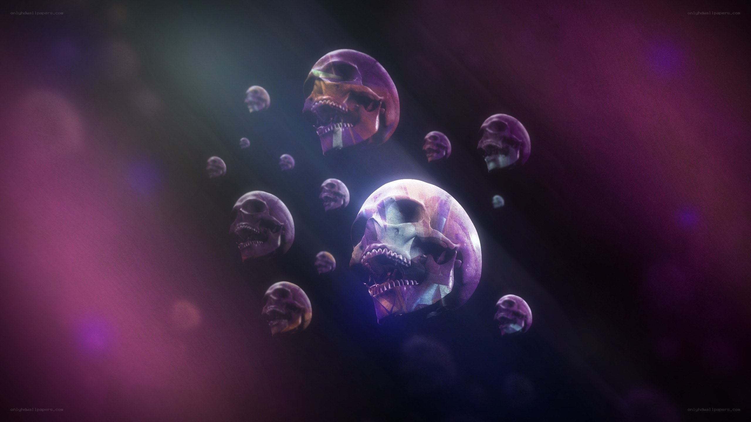 floating skulls in purple light