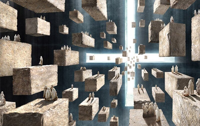 floating stone blocks with figures