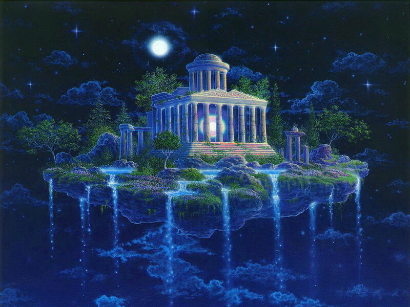 Floating Temple at Night — Blue