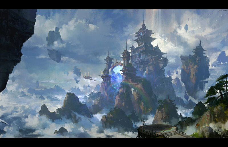 Floating Temple City — Blue, Dramatic, Digital Art