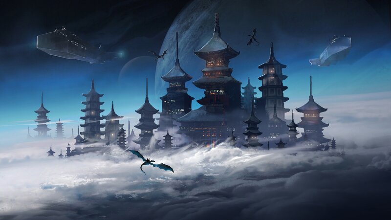 Floating Temple City — Blue, Dramatic