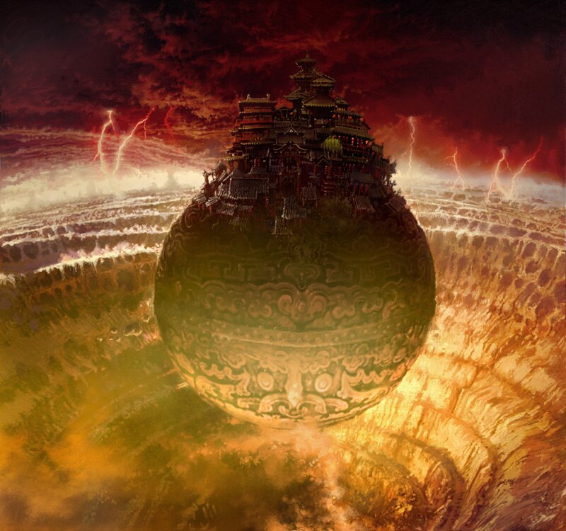 Floating temple in a storm