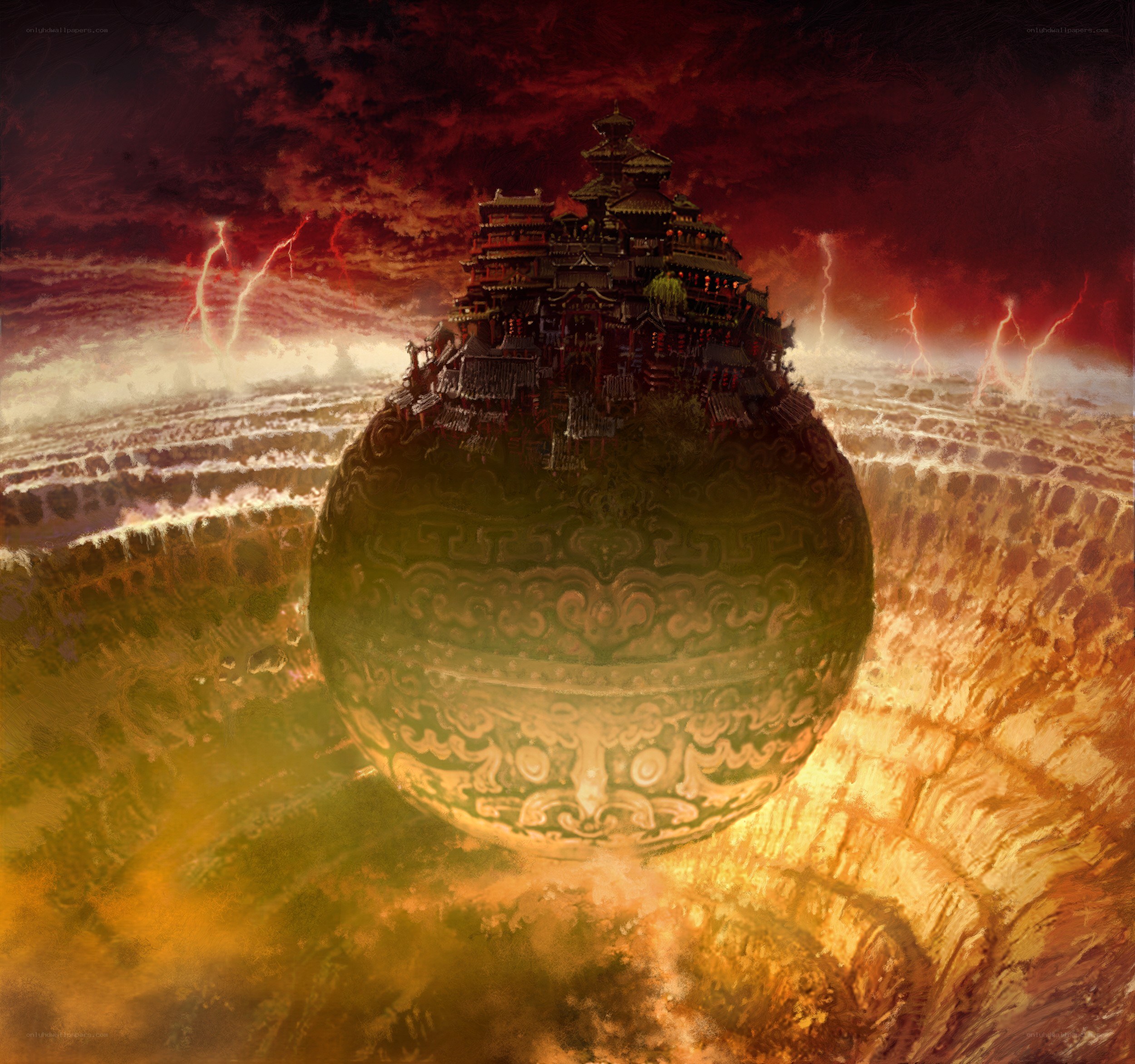 Floating temple in a storm
