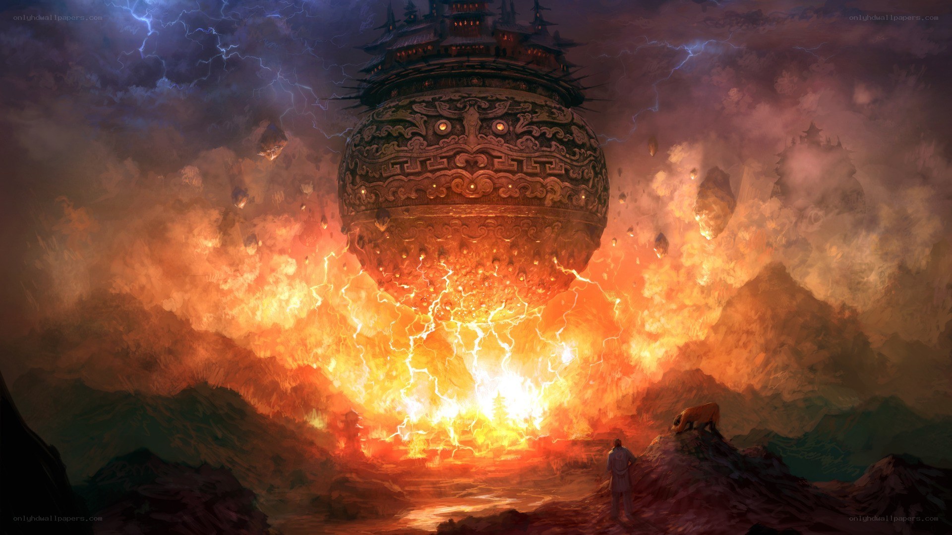 Floating temple in fiery sky
