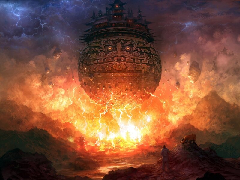 Floating Temple in Fire — Orange