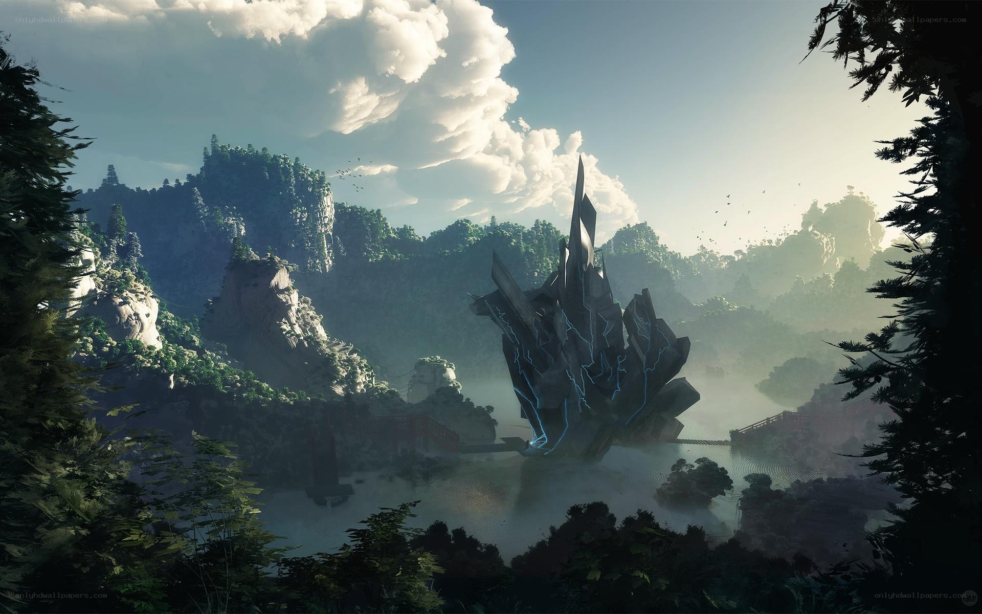 Floating temple in misty valley