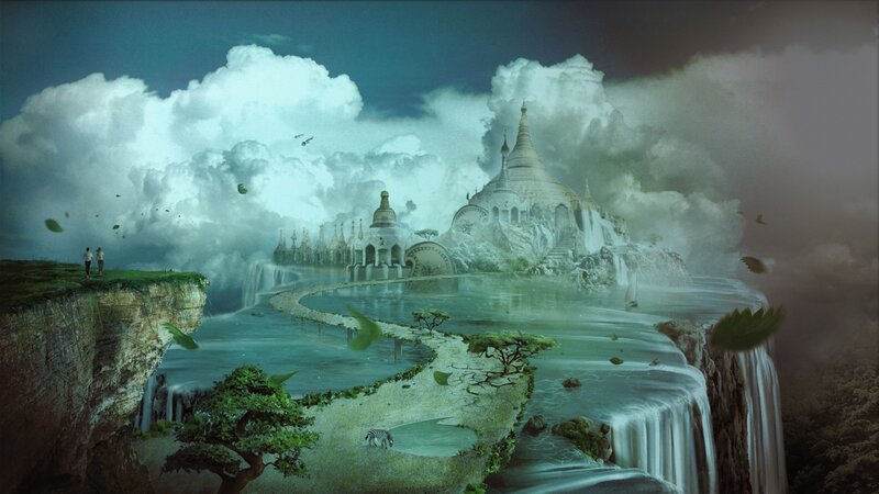 Floating Temple Island — Blue, Dreamy, Digital Art