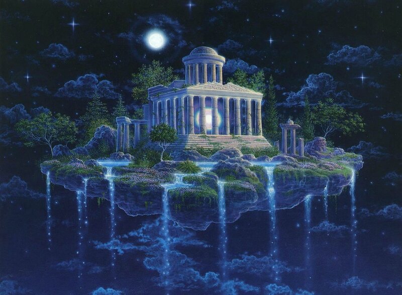 Floating Temple Island — Blue, Serene, Night, Digital Art