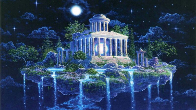 Floating Temple Island — Blue, Serene, Night