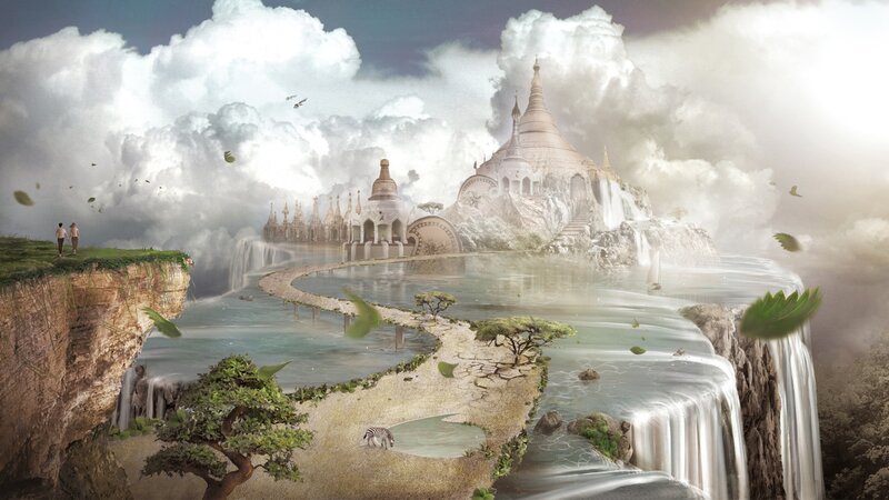 Floating Temple Island — White, Serene, Afternoon, Digital Art