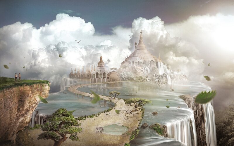 Floating Temple Island — White, Serene, Afternoon, Digital Art, Waterfall