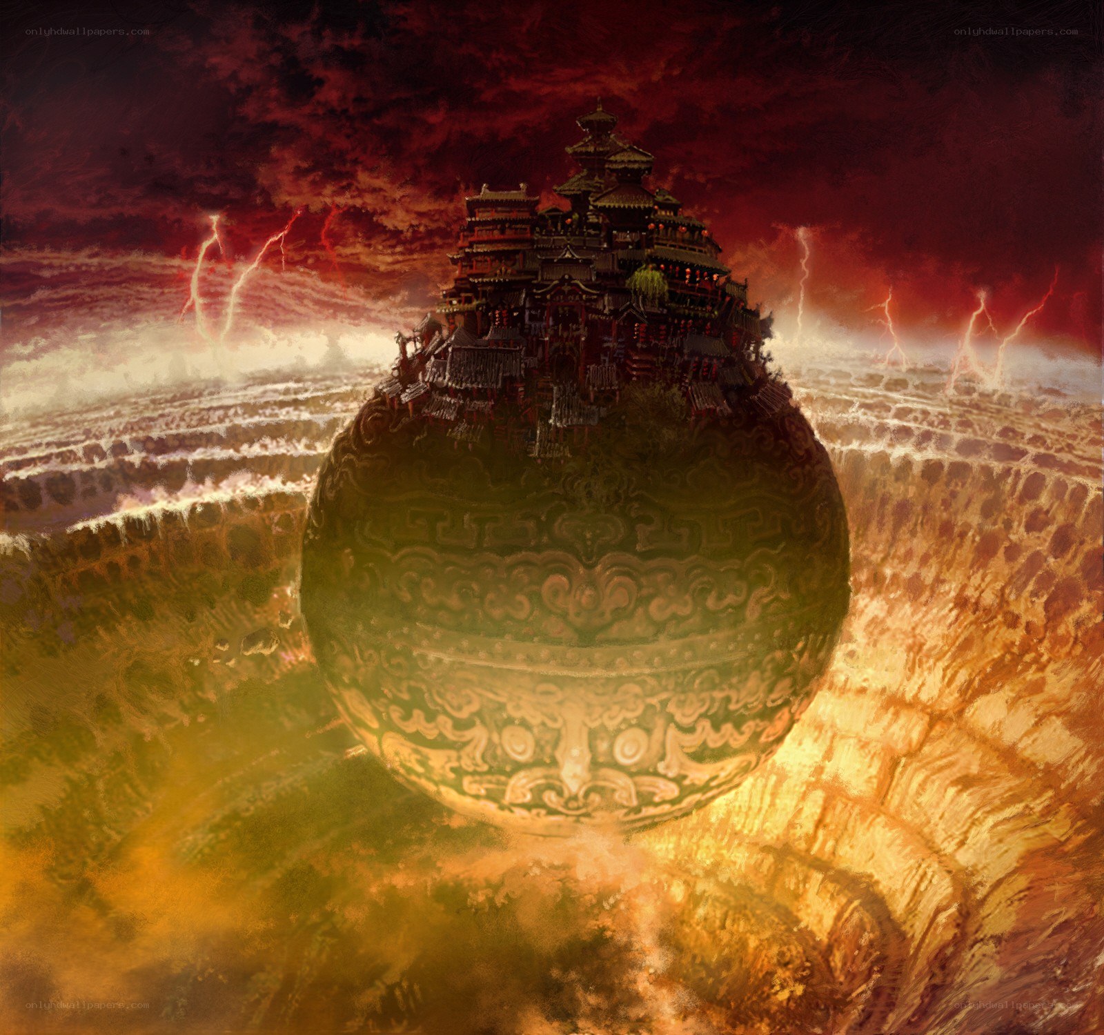 Floating temple on a sphere