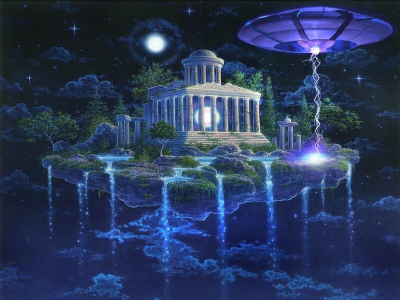 Floating temple under alien craft