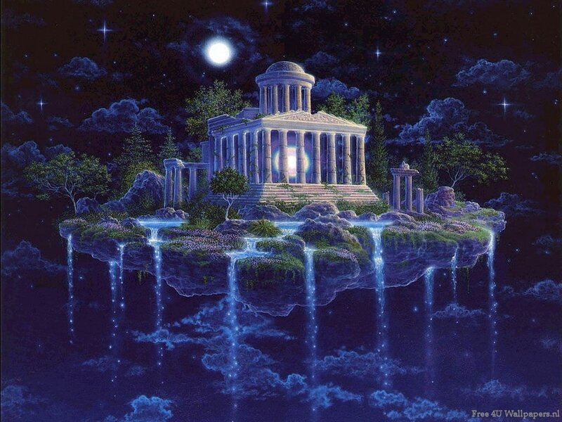 Floating temple under moonlight