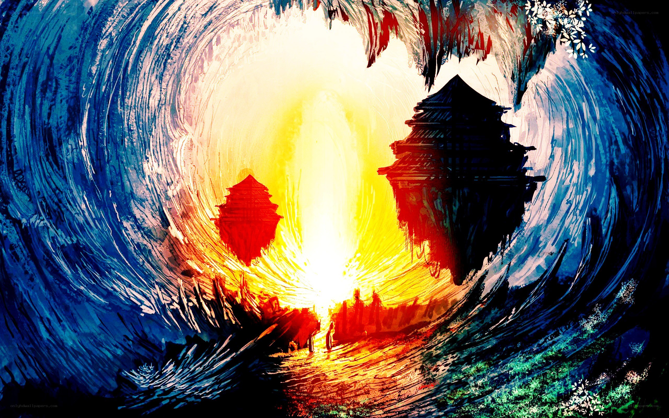 Floating temples in a vortex