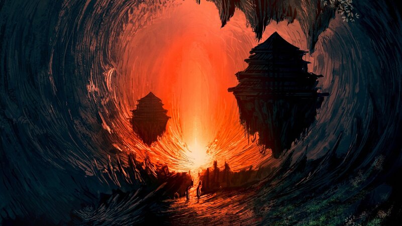 Floating Temples in Cave — Orange, Dramatic, Night