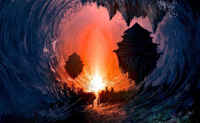 Floating Temples in Cave — Orange, Dramatic