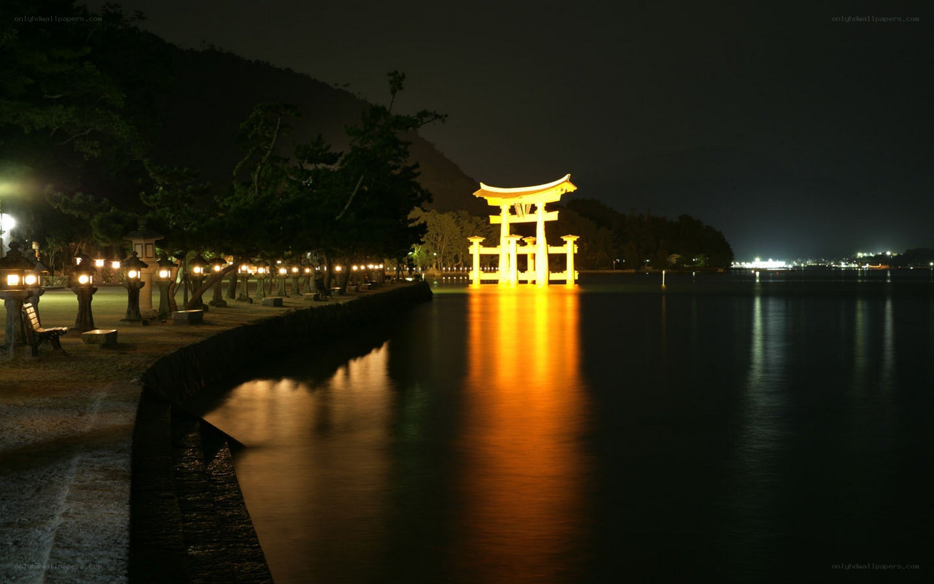 Floating torii gate at night