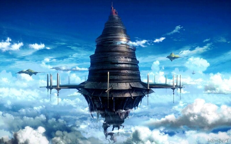 Floating Tower in Clouds — Blue, Dramatic