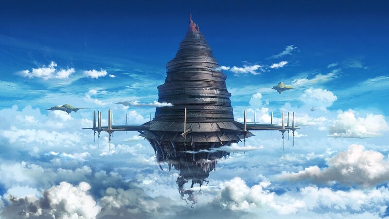 Floating Tower in Clouds — Blue, Serene