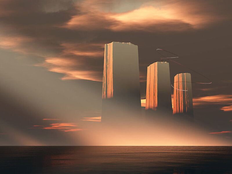 floating towers at sunset