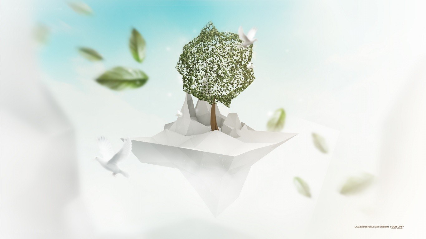 Floating tree island with birds