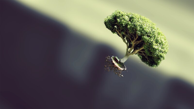 Floating Tree with House — Green, Serene